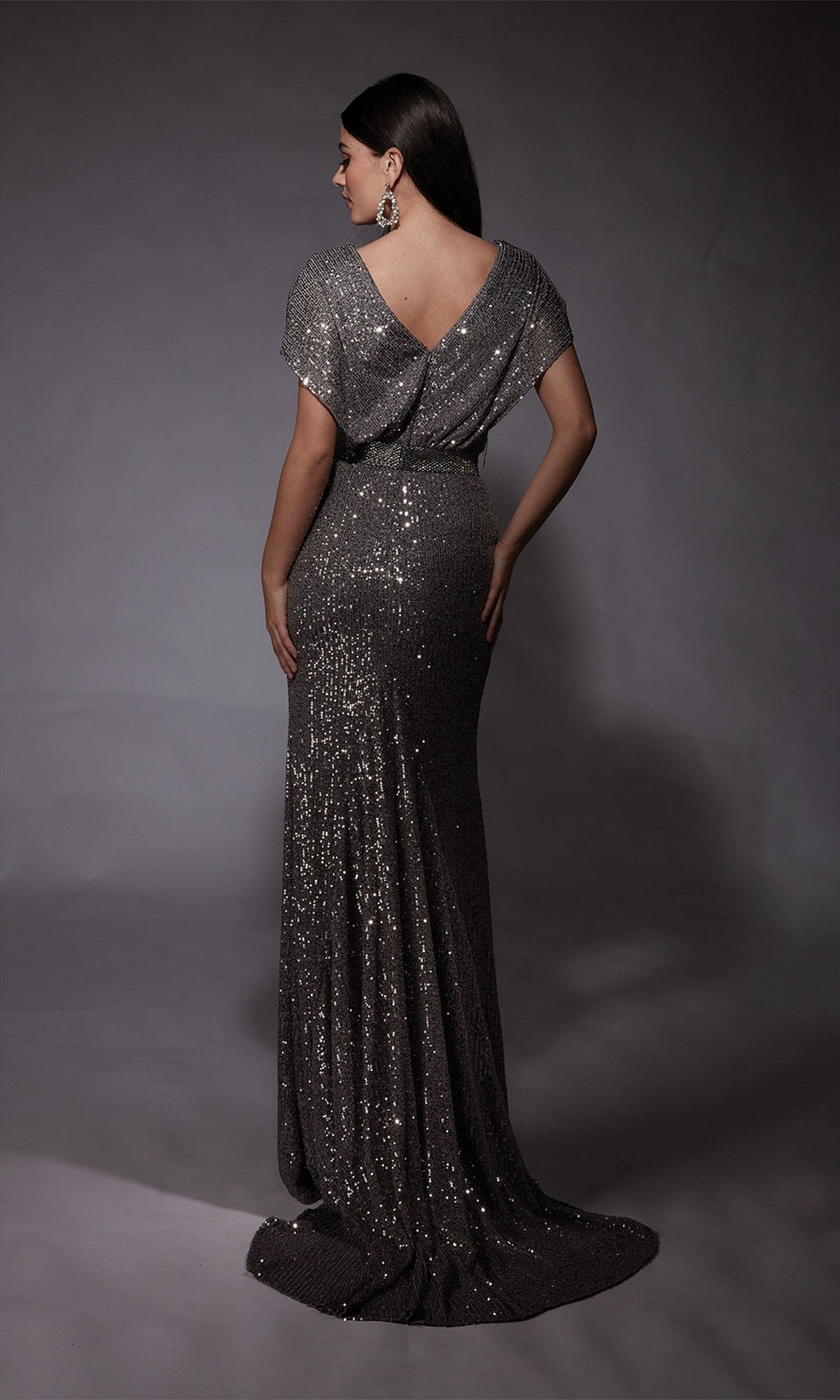 A woman models the Alyce 27708 long formal dress in silver sequins with cap sleeves, a draped back, and beaded waistband, standing against a neutral backdrop.